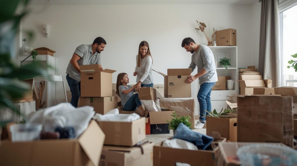 An image of a family decluttering their home. Packing storage boxes for storage at a self storage facility.